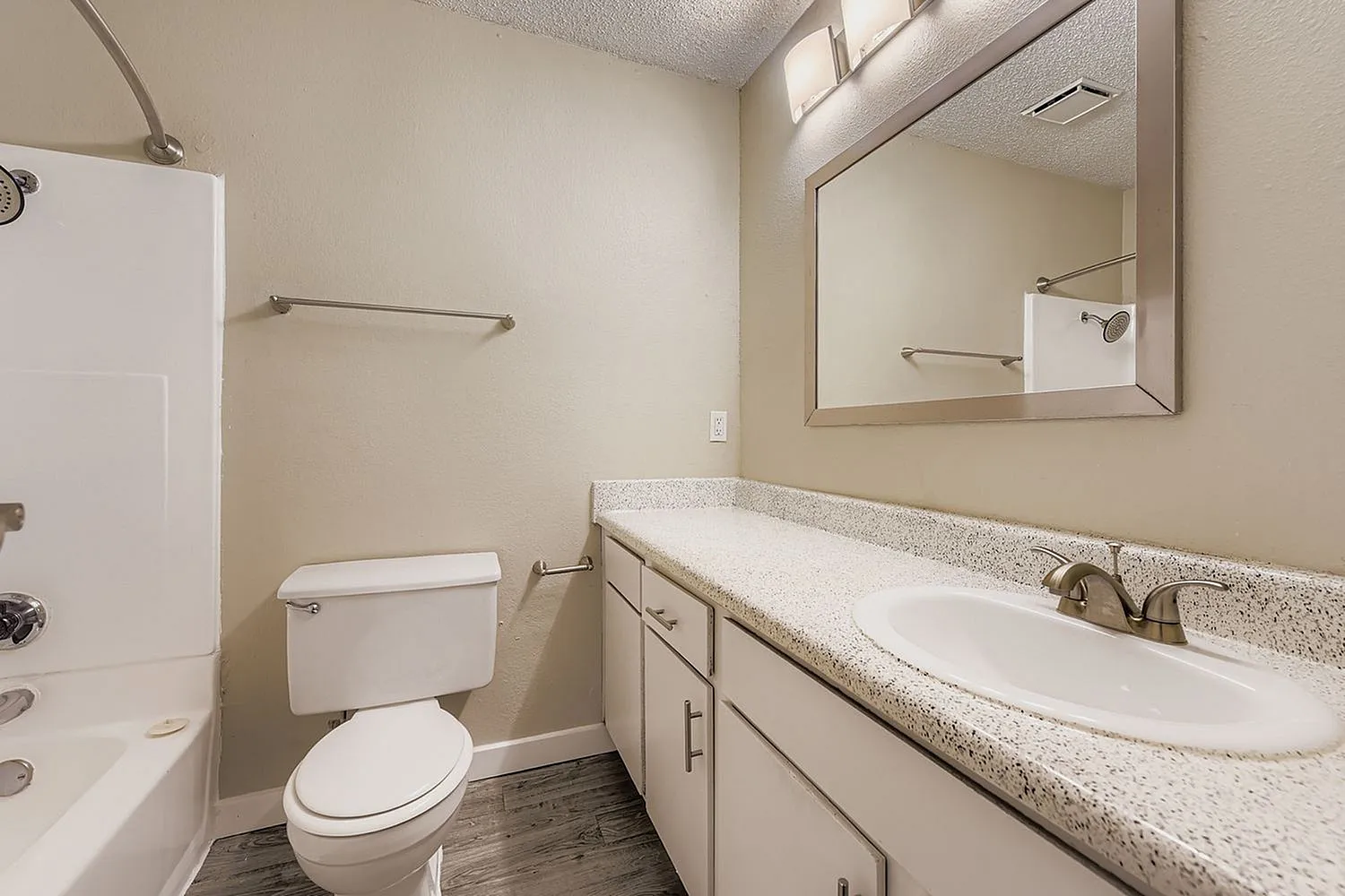Bathroom, dual sink vanity, quartz countertops, mirror, toilet, wood-style plank flooring