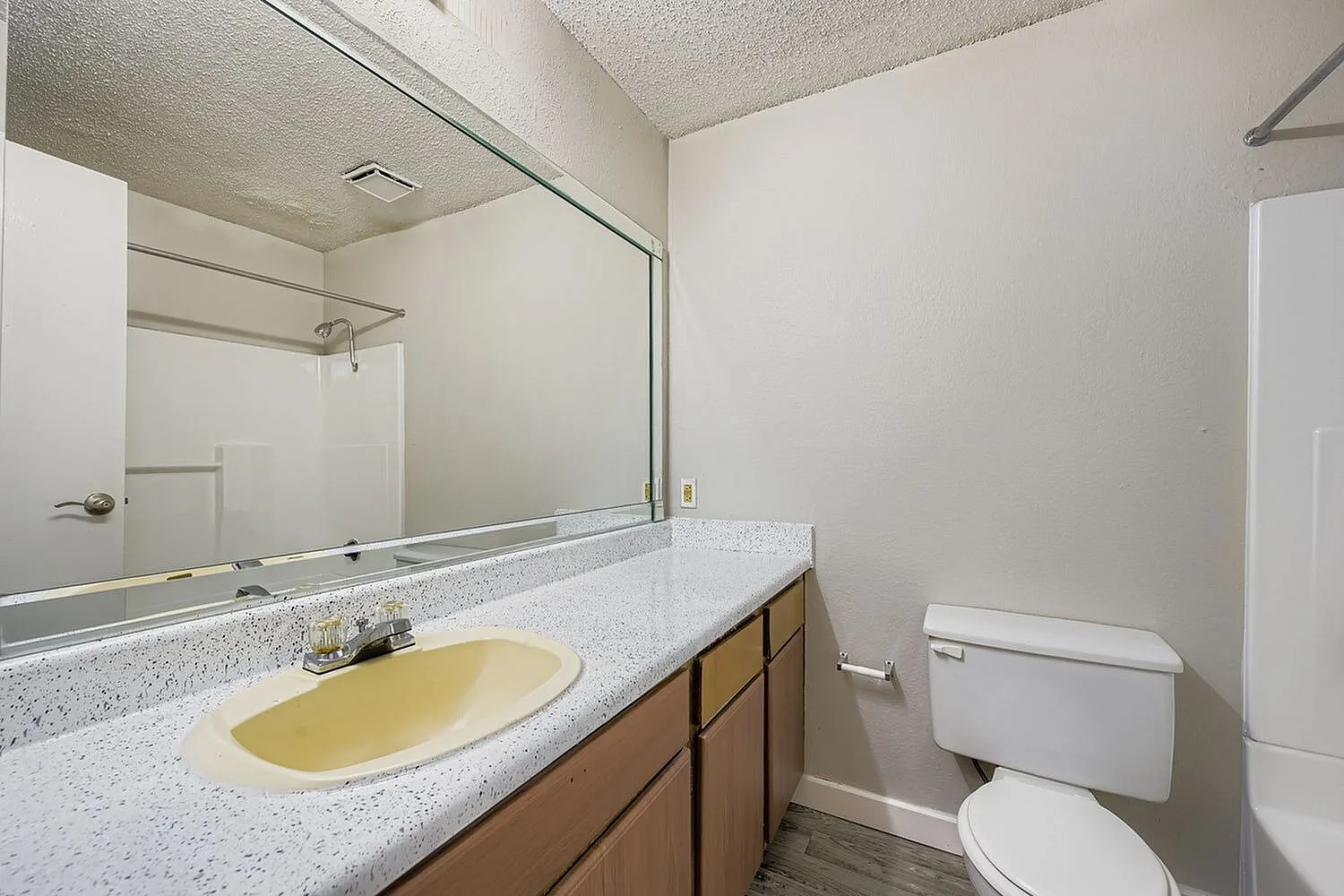 Primary bathroom, speckled quartz countertop, yellow oval sink, wood-style cabinetry, large mirror