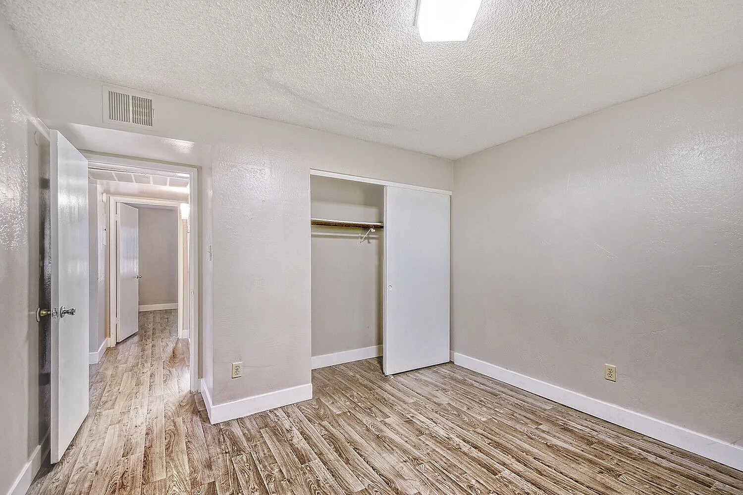 Primary bedroom, wood-style plank flooring, open closet with white doors, ceiling fixture