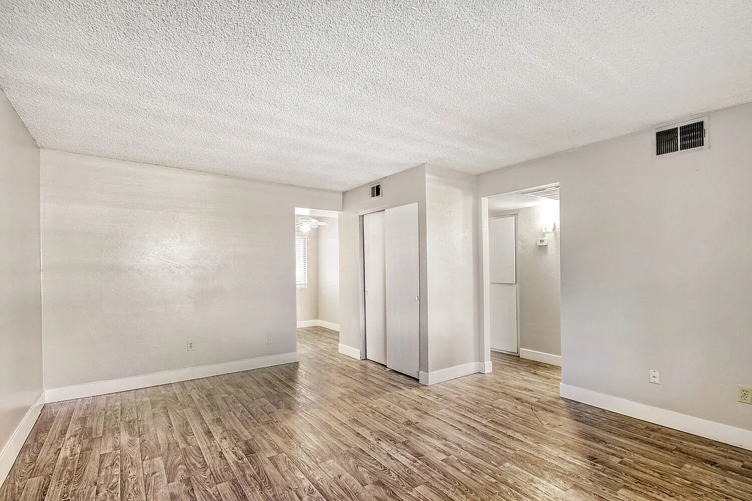 Living room, wood-style plank flooring, white walls, textured ceiling, closet doors