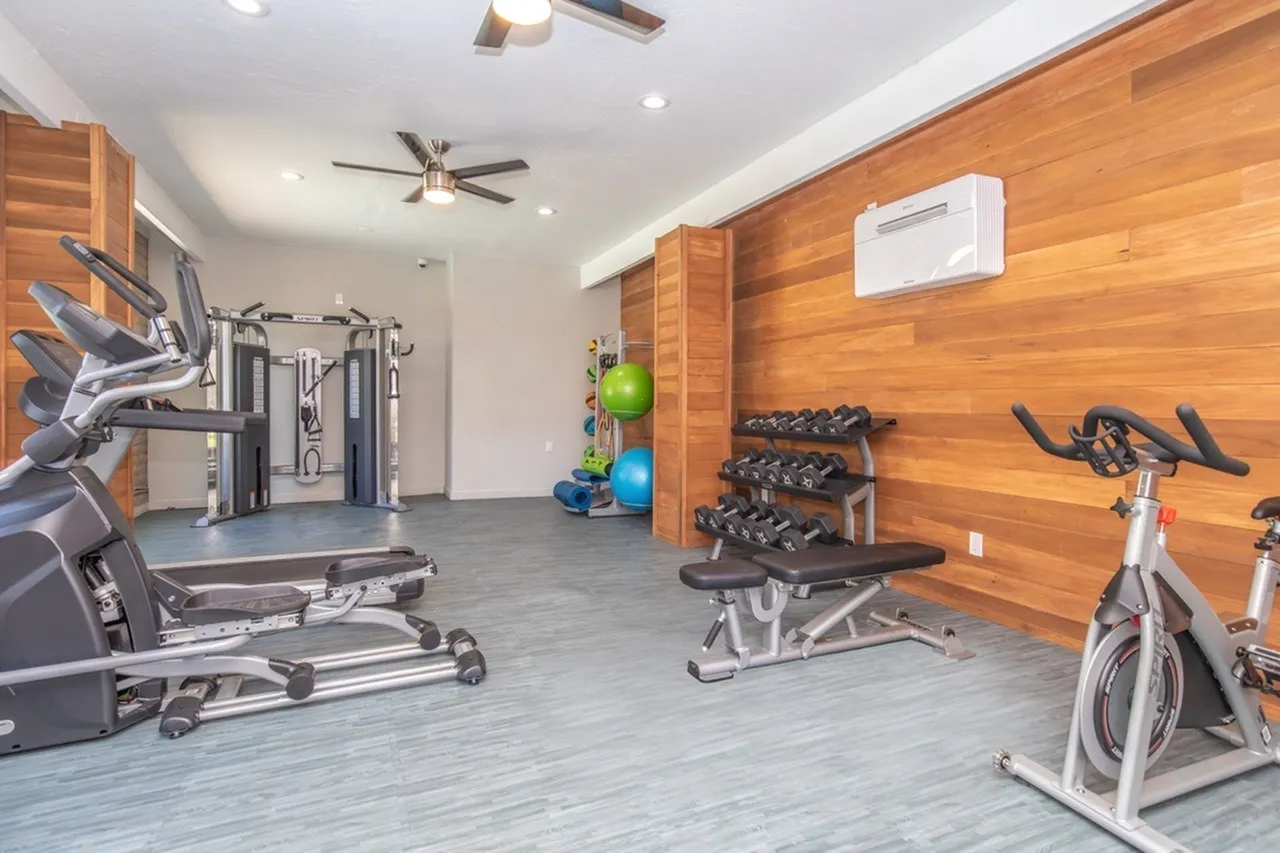 Fitness center, wood-style wall paneling, cardio equipment, weight rack, stationary bike, ceiling fan