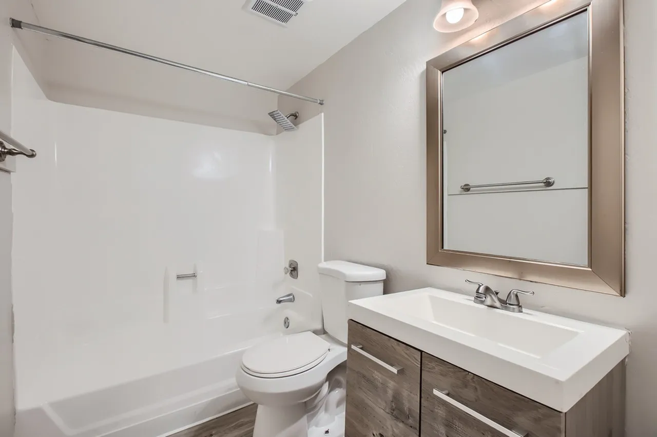 Bathroom, white vanity sink, dark wood cabinetry, framed mirror, toilet