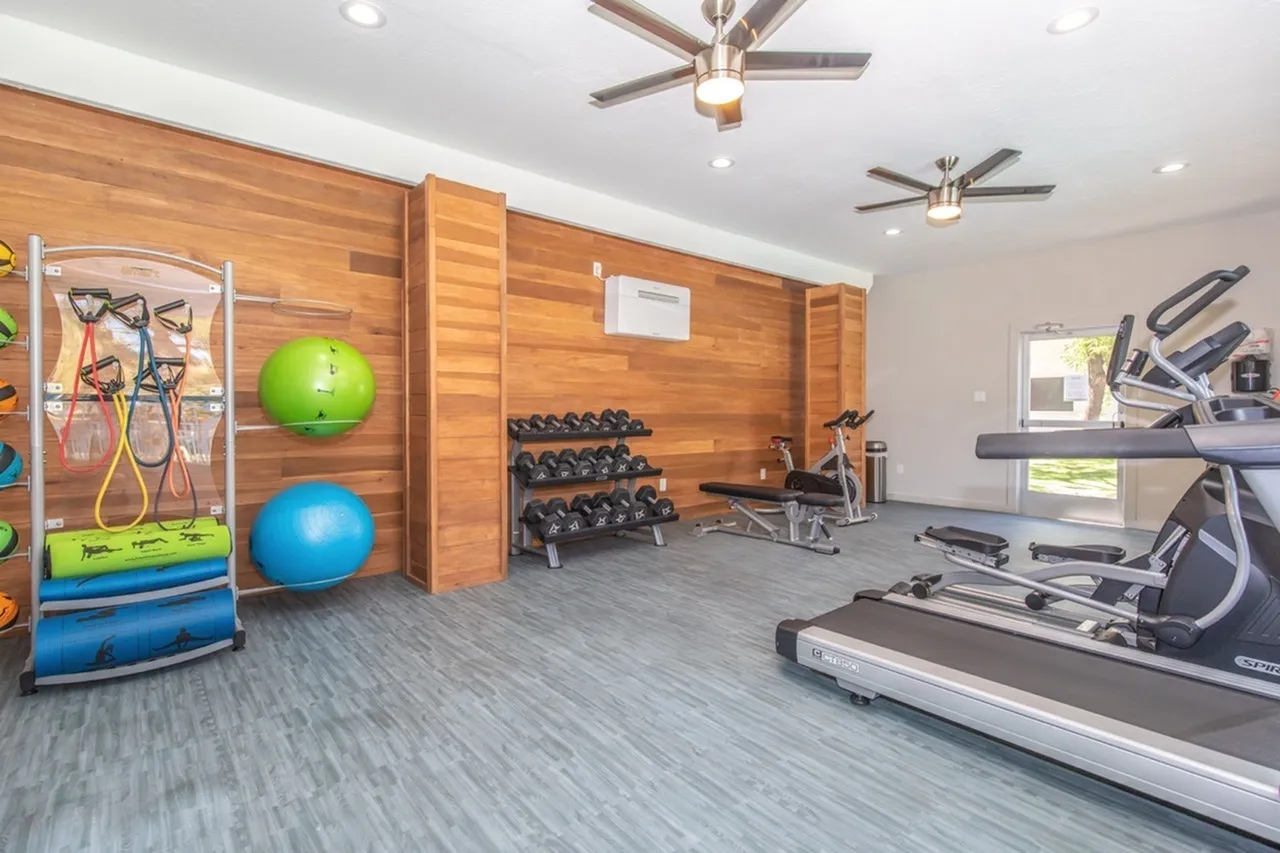 Fitness center with treadmills, dumbbell racks, exercise balls, wood-style plank flooring, ceiling fans