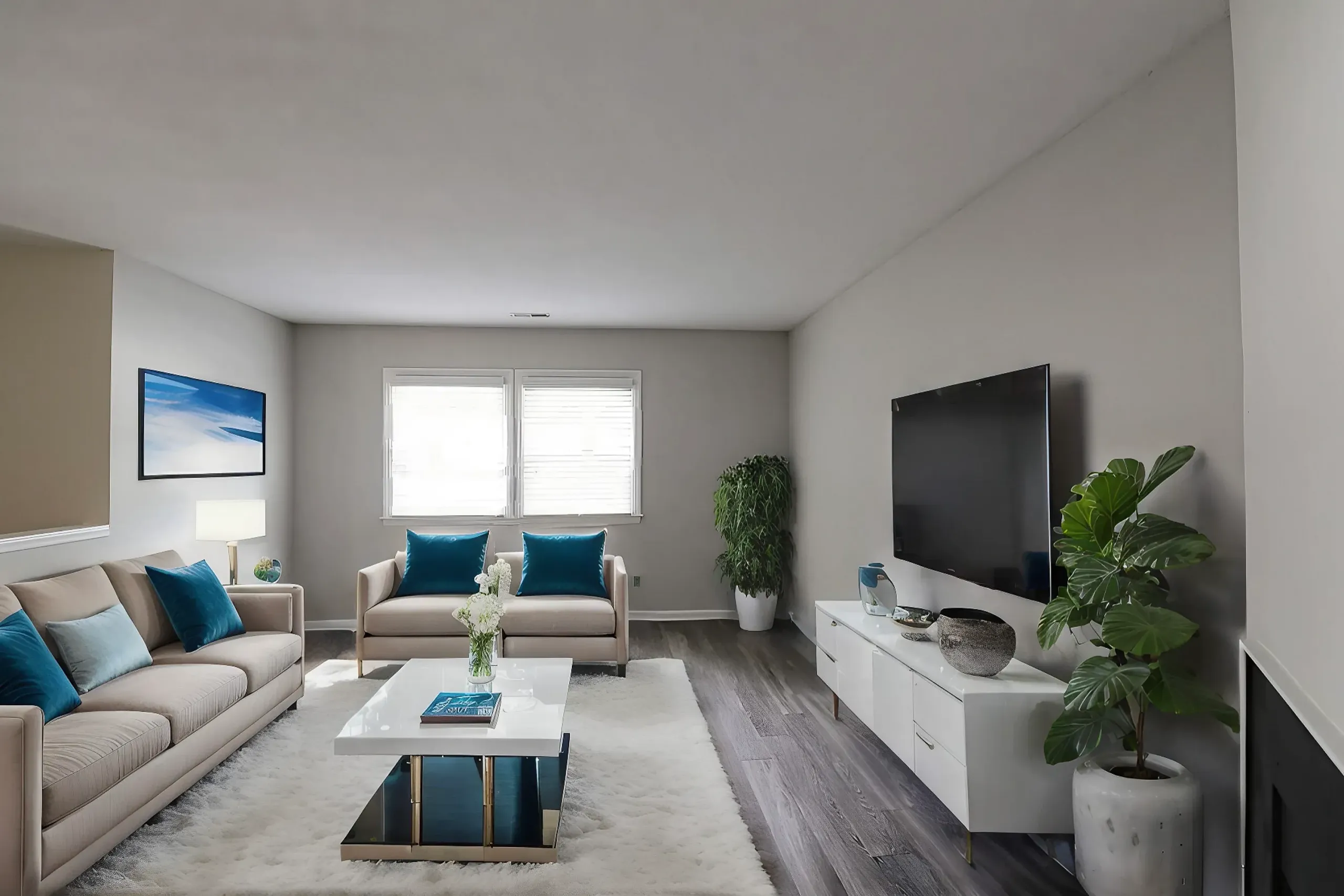 Living room with wood-style plank flooring, beige sofa, blue accent pillows, wall-mounted TV, potted plants