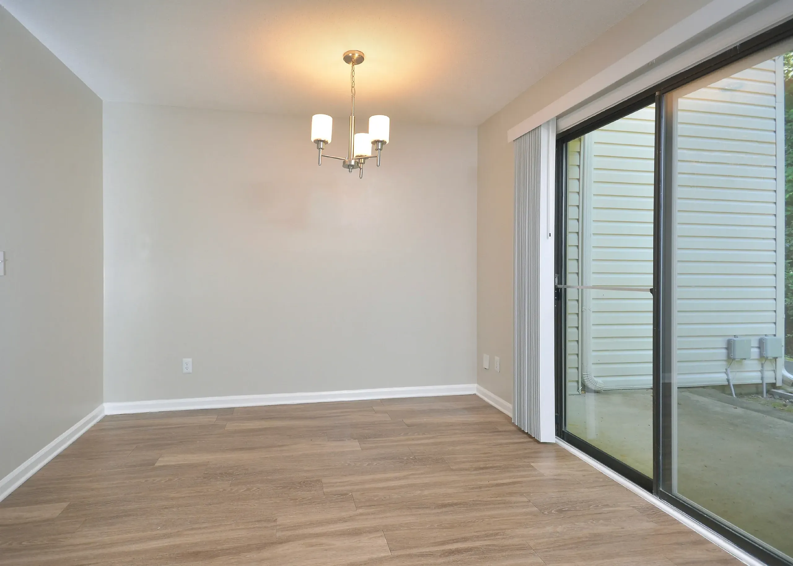 Living room, wood-style plank flooring, pendant light fixture, glass sliding doors