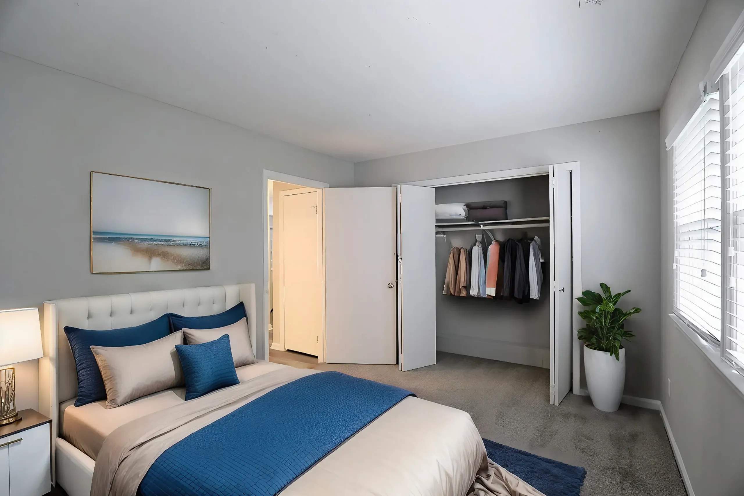 Primary bedroom, blue bedding, wood-style plank flooring, open walk-in closet